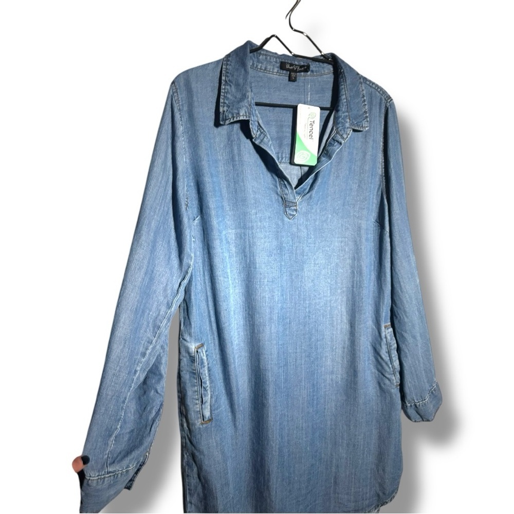 Velvet Heart NWT Blue Denim Cuffed Sleeve Collared Loose V-Neck Mini Shirt Dress - Picture 14 of 16